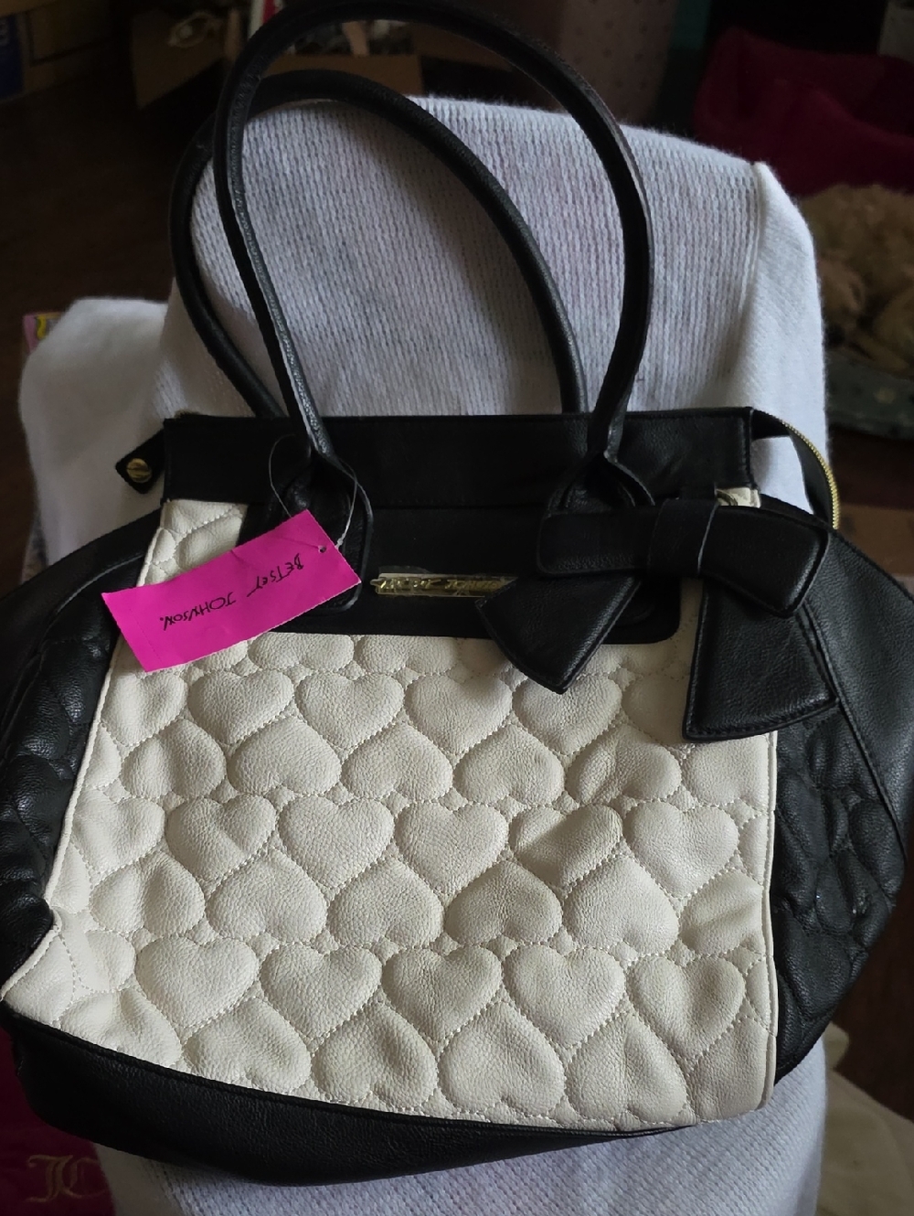 Betsey Johnson Black & Cream Quilted Heart Tote with Bow